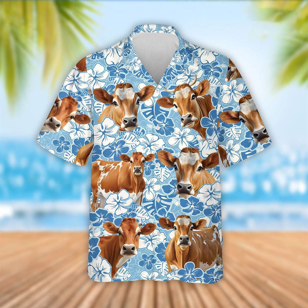 Farm Hawaiian Shirt Jersey Cattle Blue Flower Pattern 3D Hawaiian Shirt Summer Gift Animal Hawaiian Shirt 1 w2vtve.jpg