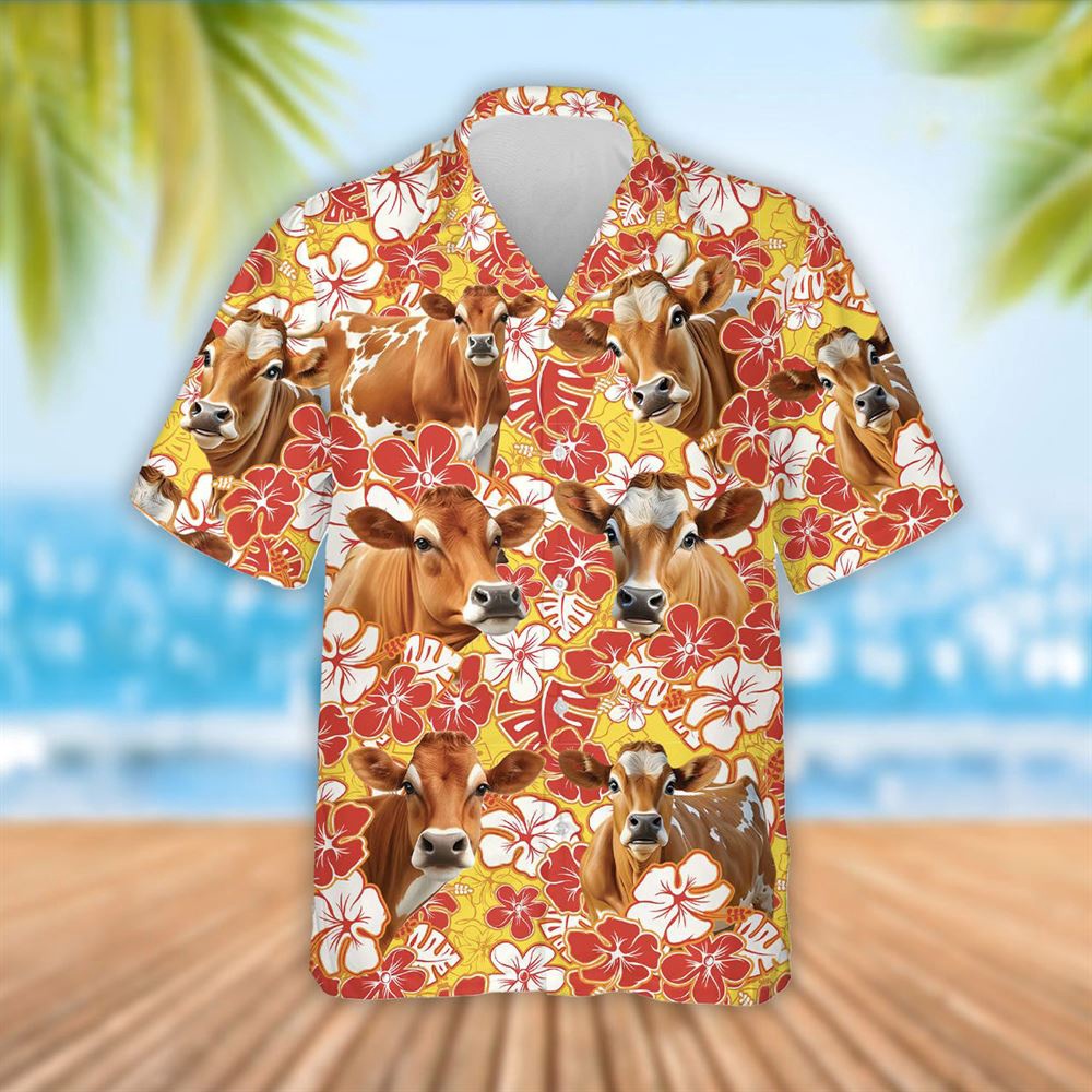 Farm Hawaiian Shirt Jersey Cattle Orange Flower Pattern 3D Hawaiian Shirt Summer Gift Animal Hawaiian Shirt 1 bl8onx.jpg