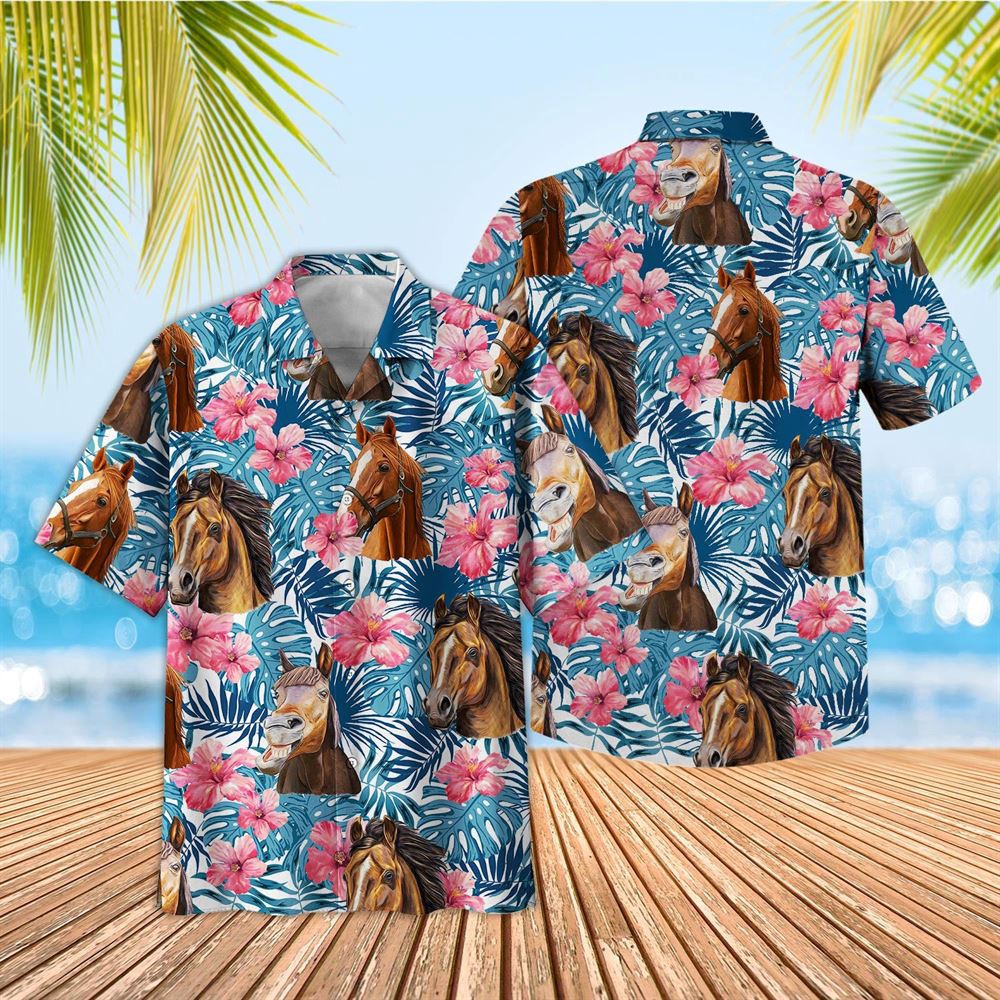 Farm Hawaiian Shirt Tropical Horse Blue Pink Floral 3D Hawaiian Shirt Animal Hawaiian Shirt 1 wat8th.jpg