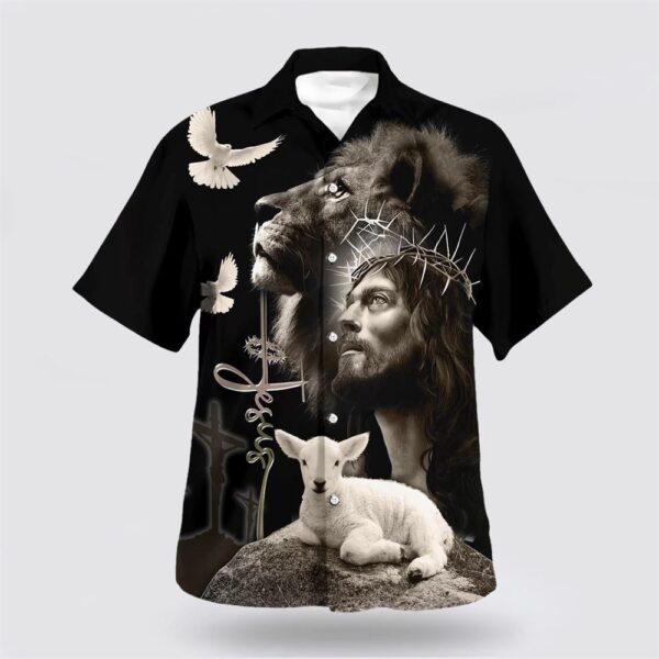 Christian Hawaiian Shirt, Jesus And Lion And Sheep Hawaiian Shirt, Religion Hawaiian Shirt