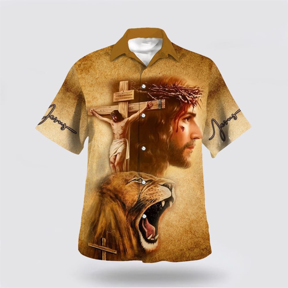 Jesus On The Cross Lion Of Judah Hawaiian Shirt Christian Hawaiian Shirt Christian Summer Short Sleeve Shirt 1 hdxce8.jpg