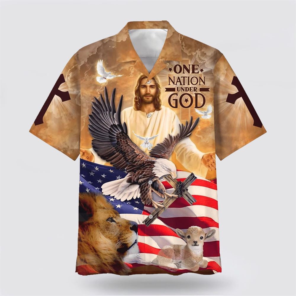 One Nation Under God Jesus And Lion Eagle American Hawaiian Shirt Christian Hawaiian Shirt Christian Summer Short Sleeve Shirt 1 ptjegc.jpg