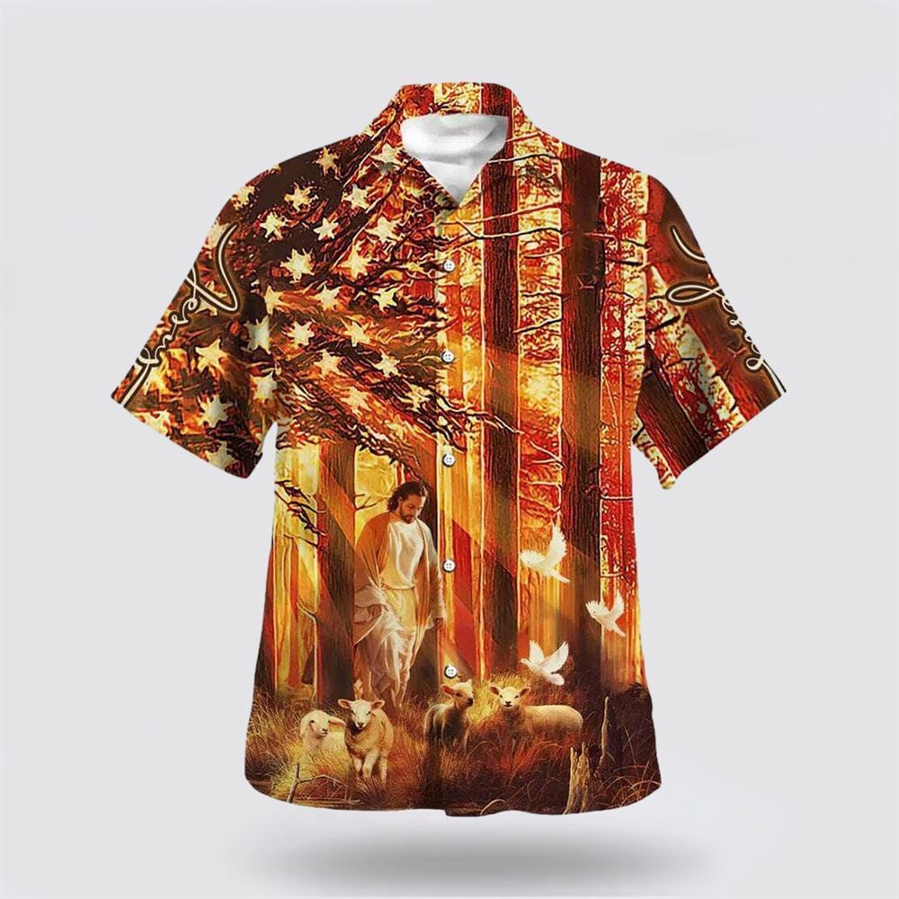 US Flag Jesus Walking In The Forest With The Sheep Hawaiian Shirt Christian Hawaiian Shirt Christian Summer Short Sleeve Shirt 1 u1pcnc.jpg