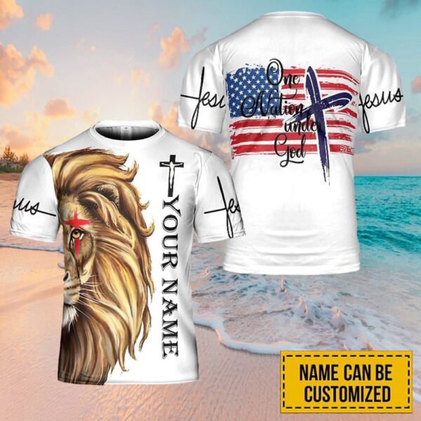 Personalized Name Lion Jesus One Nation Under God 3D T Shirt, Christian T Shirt, Jesus Tshirt Designs, Jesus Christ Shirt