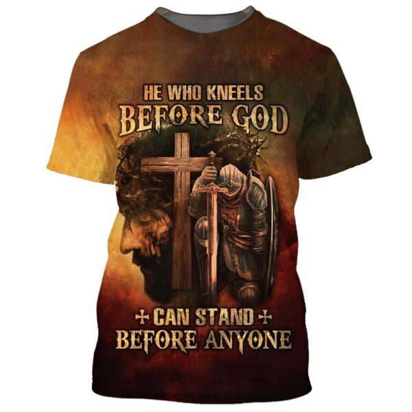 Warrior And Lion He Who Kneels Before God Can Stand Before Anyone 3D T Shirt, Christian T Shirt, Jesus Tshirt Designs, Jesus Christ Shirt