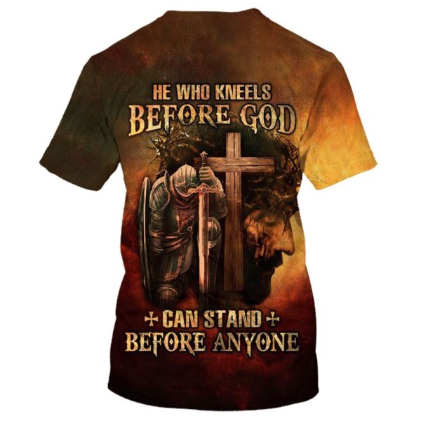 Warrior And Lion He Who Kneels Before God Can Stand Before Anyone 3D T Shirt, Christian T Shirt, Jesus Tshirt Designs, Jesus Christ Shirt