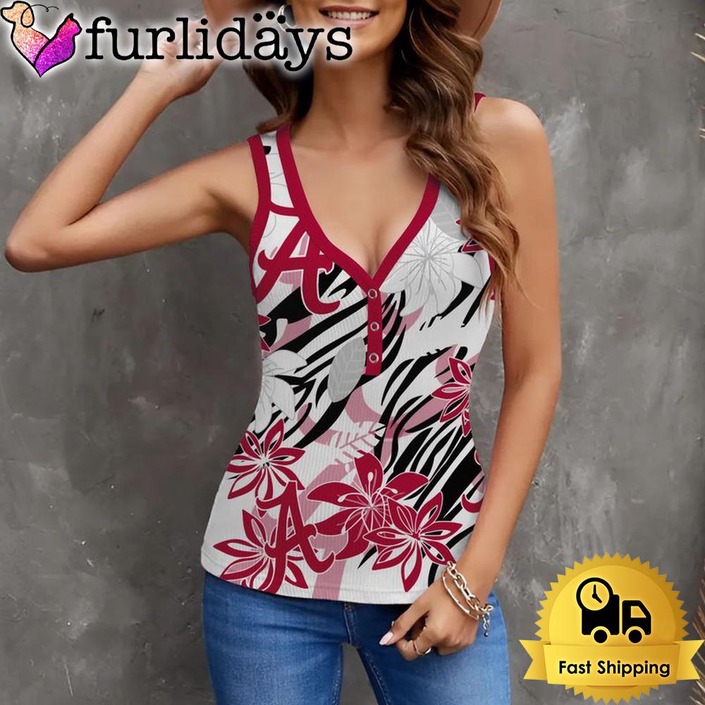NCAA Alabama Crimson Tide Summer Flower Pattern Women V-Neck Ribbed Tank Top NCAA Alabama Crimson Tide Summer Flower Pattern Women V-Neck Ribbed Tank Top
