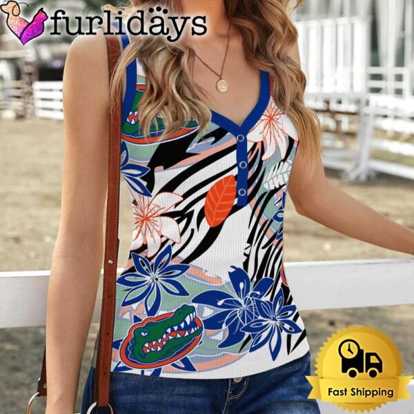NCAA Florida Gators Summer Flower Pattern Women V-Neck Ribbed Tank Top