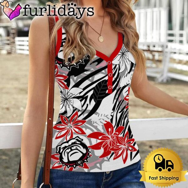 NCAA Georgia Bulldogs Summer Flower Pattern Women V-Neck Ribbed Tank Top