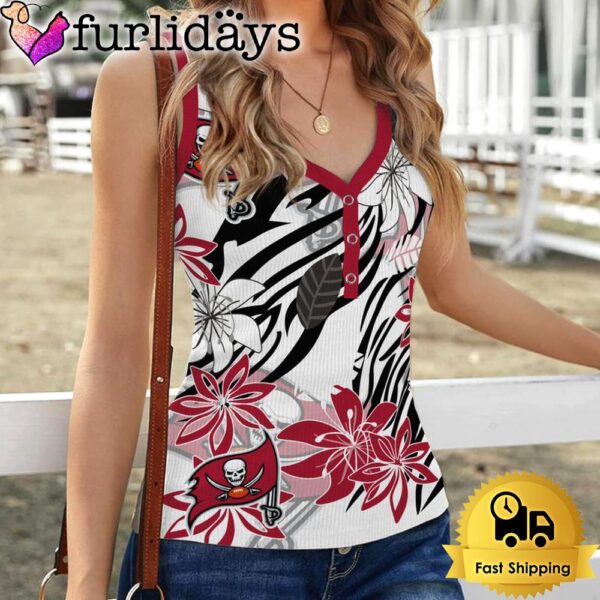 NFL Tampa Bay Buccaneers Summer Flower Pattern Women V-Neck Ribbed Tank Top
