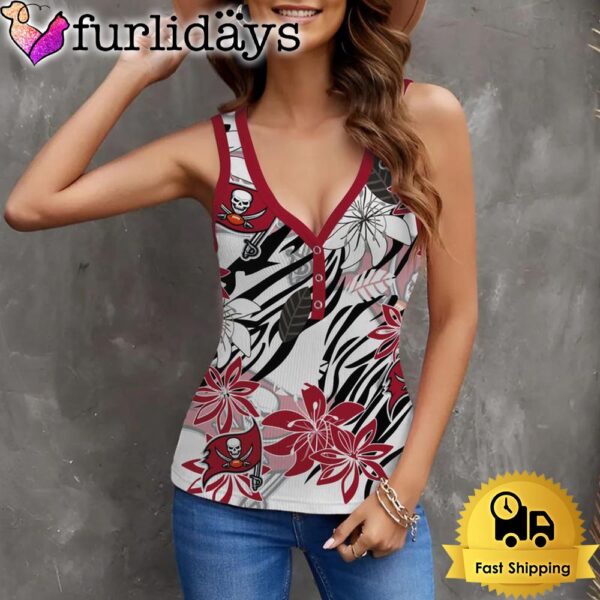 NFL Tampa Bay Buccaneers Summer Flower Pattern Women V-Neck Ribbed Tank Top
