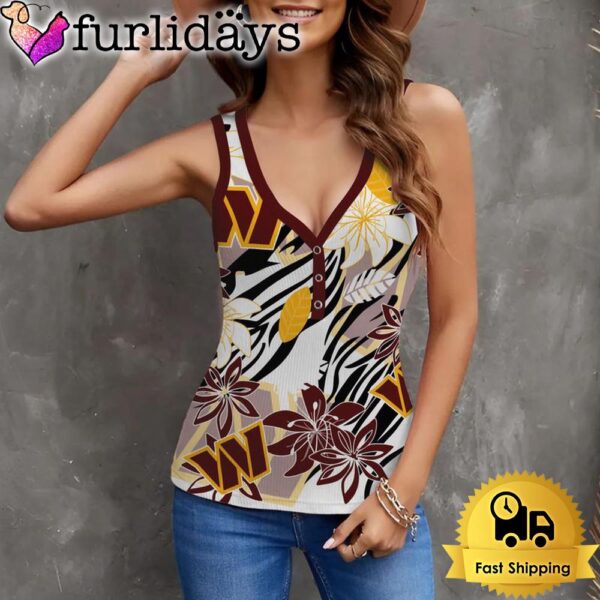 NFL Washington Commanders Football Team Summer Flower Pattern Women V-Neck Ribbed Tank Top