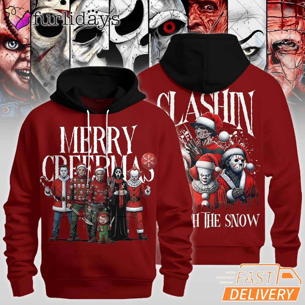 Horror Christmas Hoodie 2025, Slashin’ Through The Snow Design Horror Christmas Hoodie 2025, Slashin’ Through The Snow Design