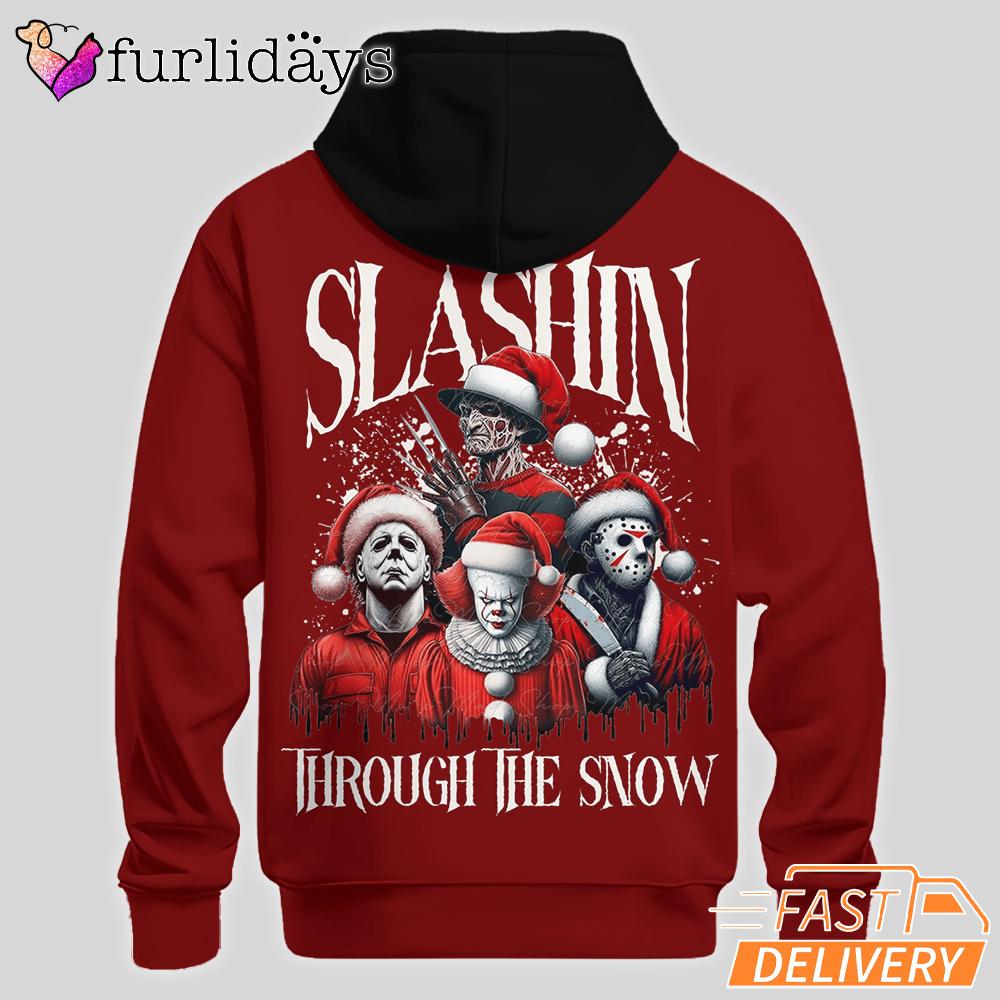 Horror Christmas Hoodie 2025, Slashin’ Through The Snow Design Horror Christmas Hoodie 2025, Slashin’ Through The Snow Design