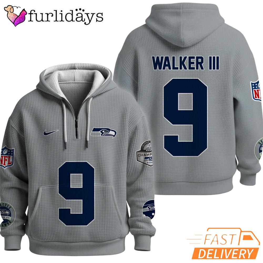 Seattle Seahawks Super Bowl Run 9 Grey Quarter Zip Waffle Hoodie Seattle Seahawks Super Bowl Run 9 Grey Quarter Zip Waffle Hoodie