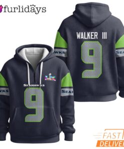 Seattle Seahawks Super Bowl Run Walker III 9 Dark Navy Quarter Zip Waffle Hoodie
