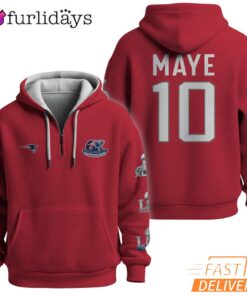 Super Bowl Drake Maye 10 New England Patriots Burgundy Quarter Zip Waffle Hoodie