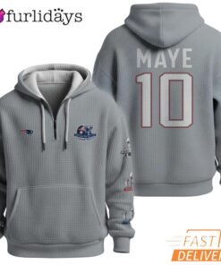 Super Bowl Drake Maye 10 New England Patriots Grey Quarter Zip Waffle Hoodie