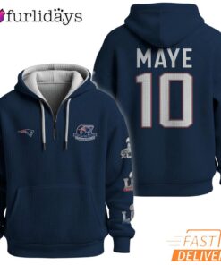 Super Bowl Drake Maye 10 New England Patriots Navy Blue Quarter Zip Waffle Hoodie