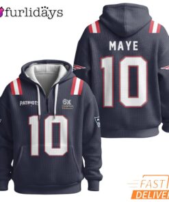 Super Bowl Drake Maye 10 New England Patriots Navy Quarter Zip Waffle Hoodie