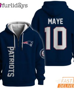 Super Bowl Drake Maye 10 New England Patriots Navy Side Logo Quarter Zip Waffle Hoodie