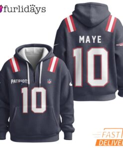 Super Bowl Drake Maye 10 New England Patriots Navy Zip Hoodie
