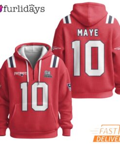 Super Bowl Drake Maye 10 New England Patriots Red Quarter Zip Waffle Hoodie