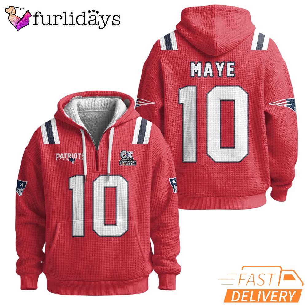 Super Bowl Drake Maye 10 New England Patriots Red Quarter Zip Waffle Hoodie Super Bowl Drake Maye 10 New England Patriots Red Quarter Zip Waffle Hoodie