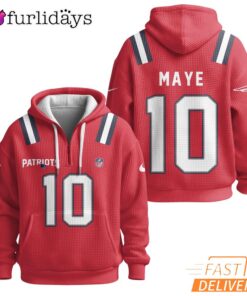 Super Bowl Drake Maye 10 New England Patriots Red Zip Hoodie