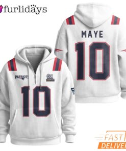 Super Bowl Drake Maye 10 New England Patriots White Quarter Zip Waffle Hoodie