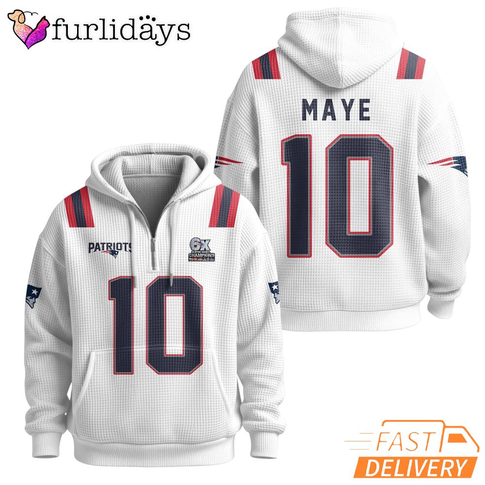 Super Bowl Drake Maye 10 New England Patriots White Quarter Zip Waffle Hoodie Super Bowl Drake Maye 10 New England Patriots White Quarter Zip Waffle Hoodie