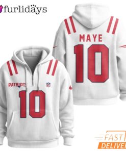 Super Bowl Drake Maye 10 New England Patriots White Zip Hoodie