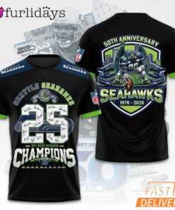 Seattle Seahawks 25 Champions Anniversary Print 2026 Fan T Shirt