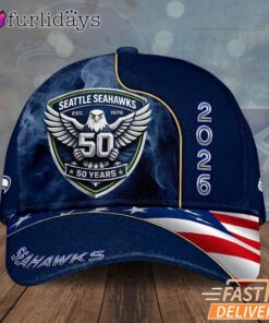 Seattle Seahawks 50 Anniversary Crest USA Flag Stripe 2026 Fan Cap