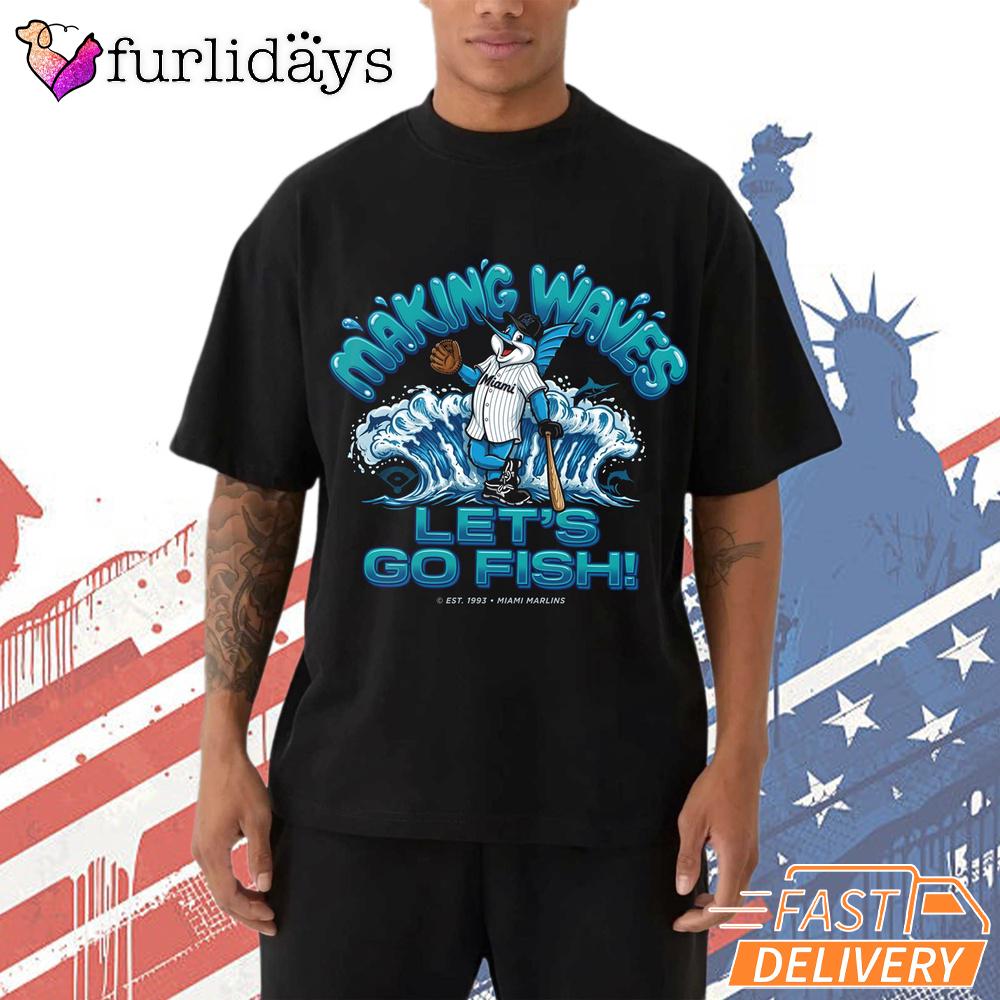 Miami Marlins Billy The Marlin Making Waves Let’s Go Fish Mascot T-Shirt Miami Marlins Billy The Marlin Making Waves Let’s Go Fish Mascot T-Shirt