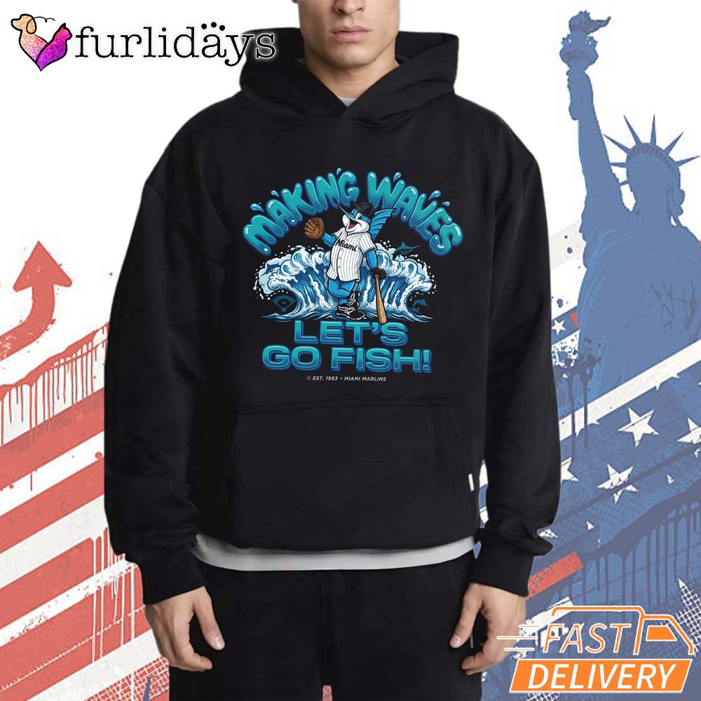Miami Marlins Billy The Marlin Making Waves Let’s Go Fish Mascot T-Shirt Miami Marlins Billy The Marlin Making Waves Let’s Go Fish Mascot T-Shirt
