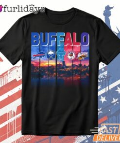 Buffalo City Skyline Graphic T Shirt – Retro Buffalo New York Tee DI Chuyen Hinh Anh IN Tren Mat Truoc Sang Mockup AO Mau
