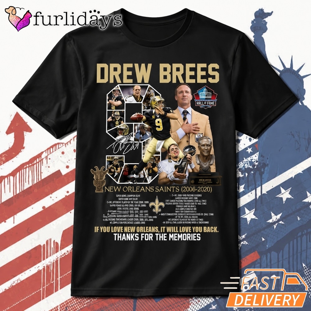 Drew Brees New Orleans Saints Thank You for the Memories T Shirt DI Chuyen Hinh Anh IN Tren Mat Truoc Sang Mockup AO Mau Lay Ung Background Mau Thiet KE