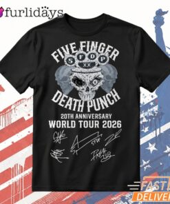 Five Finger Death Punch 20th Anniversary World Tour 2026 T Shirt – Band Concert Tee DI Chuyen Hinh Anh IN Tren Mat Truoc Sang Mockup AO Mau Lay Ung Background Mau Thiet KE