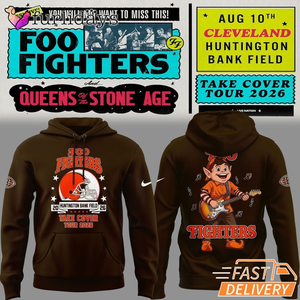 Foo Fighters x Cleveland Browns Take Cover Tour 2026 Brown Hoodie – Dawg Pound Graphic