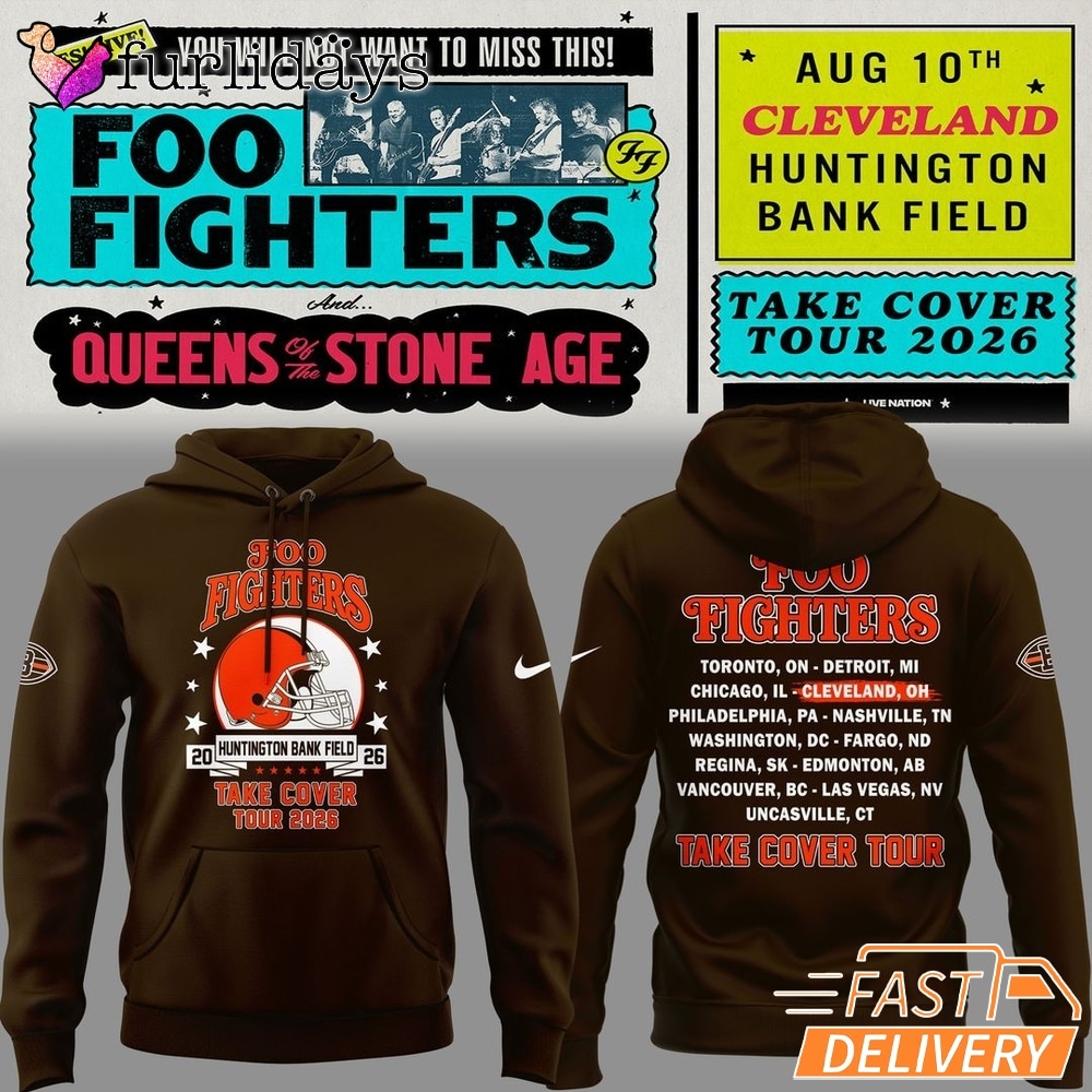 Foo Fighters x Cleveland Browns Take Cover Tour 2026 Brown Hoodie – Tour Dates Back Print