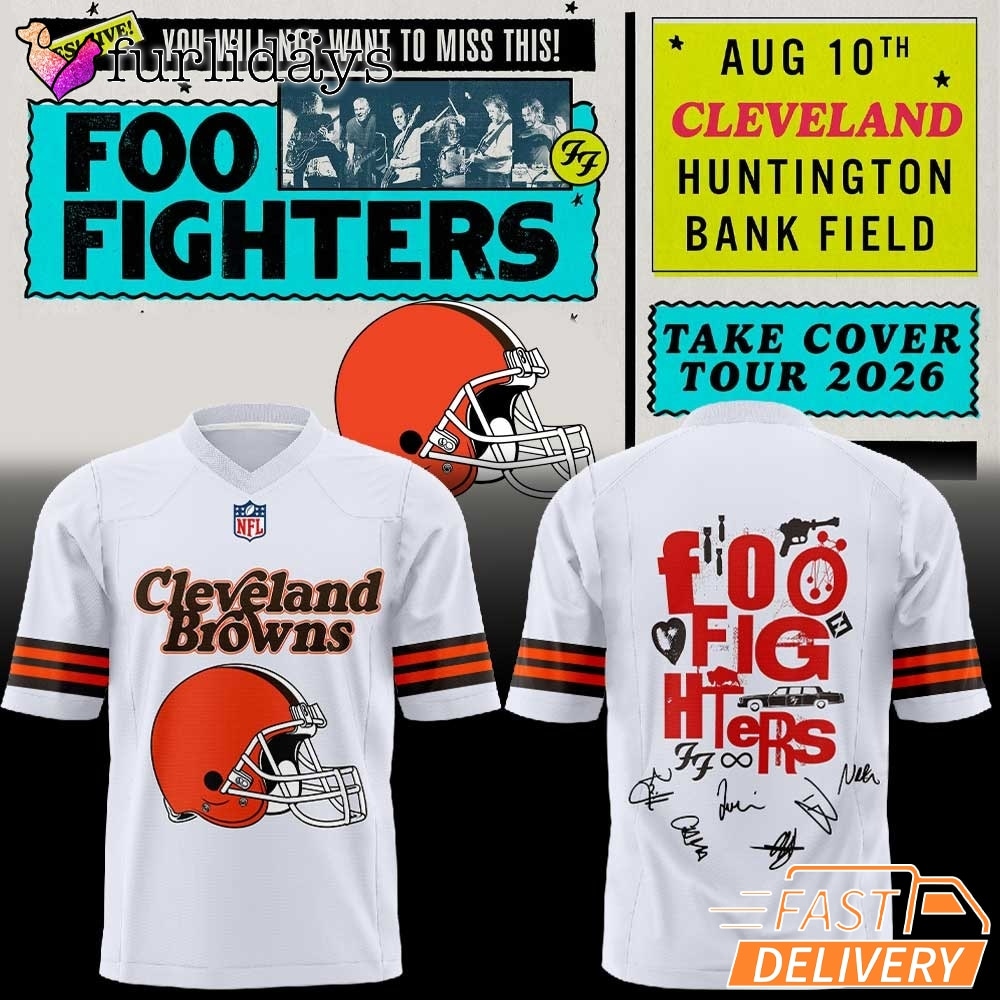 Foo Fighters x Cleveland Browns Take Cover Tour 2026 White Football Jersey – Cleveland Browns