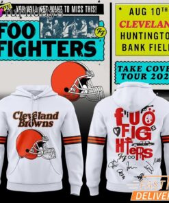 Foo Fighters x Cleveland Browns Take Cover Tour 2026 White Hoodie – Cleveland Graphic Hoodie