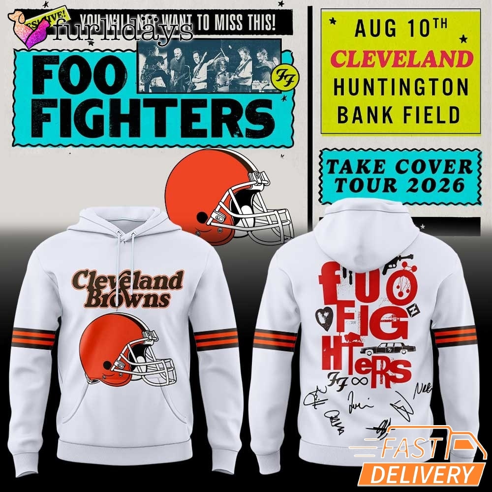 Foo Fighters x Cleveland Browns Take Cover Tour 2026 White Hoodie – Cleveland Graphic Hoodie