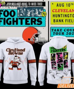 Foo Fighters x Cleveland Browns Take Cover Tour 2026 White Hoodie – Dawg Pound Style Graphic