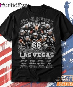 Las Vegas Raiders 66th Anniversary T Shirt – Black Football Fan Tee Thiet KE Lai Hinh Anh Tren Mau Sao Cho Hot Trend Moi EP Hon Roi DI Chuyen Hinh Anh IN Tren Mat Truoc Sang Mockup AO Mau