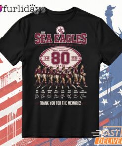 Manly Warringah Sea Eagles 80th Anniversary T Shirt – Thank You for the Memories Tee DI Chuyen Hinh Anh IN Tren Mat Truoc Sang Mockup AO Mau Lay Ung Background Mau Thiet KE