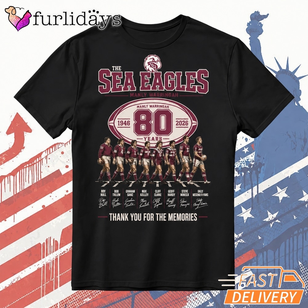 Manly Warringah Sea Eagles 80th Anniversary T Shirt – Thank You for the Memories Tee DI Chuyen Hinh Anh IN Tren Mat Truoc Sang Mockup AO Mau Lay Ung Background Mau Thiet KE