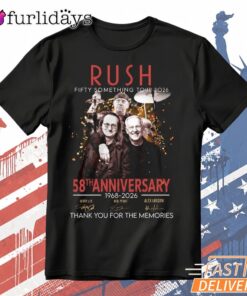 Rush 58th Anniversary T Shirt – Thank You for the Memories Rock Band Tee DI Chuyen Hinh Anh IN Tren Mat Truoc Sang Mockup AO Mau Lay Ung Background Mau Thiet KE