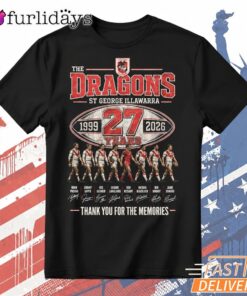 St George Illawarra Dragons 27th Anniversary T Shirt – Thank You for the Memories Tee DI Chuyen Hinh Anh IN Tren Mat Truoc Sang Mockup AO Mau Lay Ung Background Mau Thiet KE
